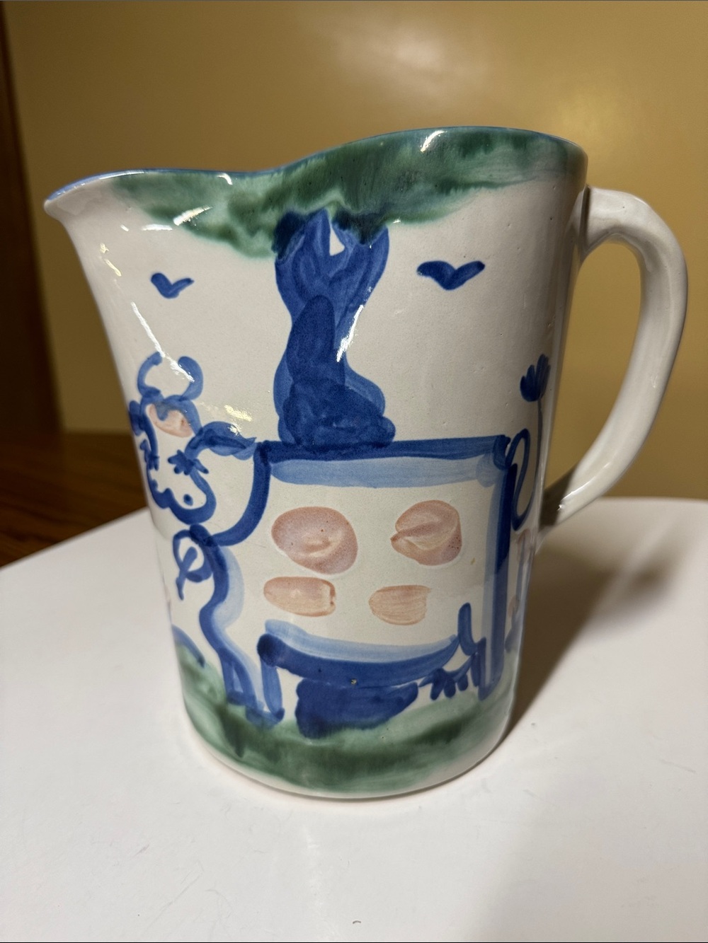M A Hadley Cow Country Scene Pinch Spout Pitcher 48 Oz Hand Painted 8”